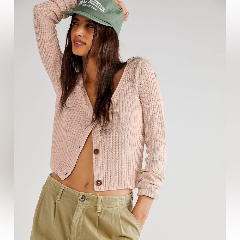 Free People Game On Ribbed Cardi in Softest Peach